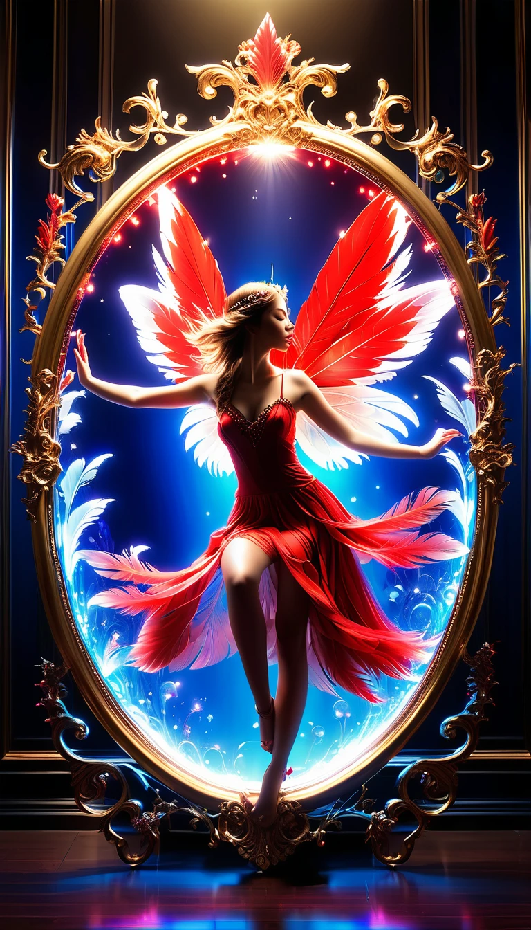 Made by AIS-RCN, 8K Photo, "words,Red feather fairy, Jump out of the mirror, Transform your thoughts into delicate works of art.", Supple, Black light、