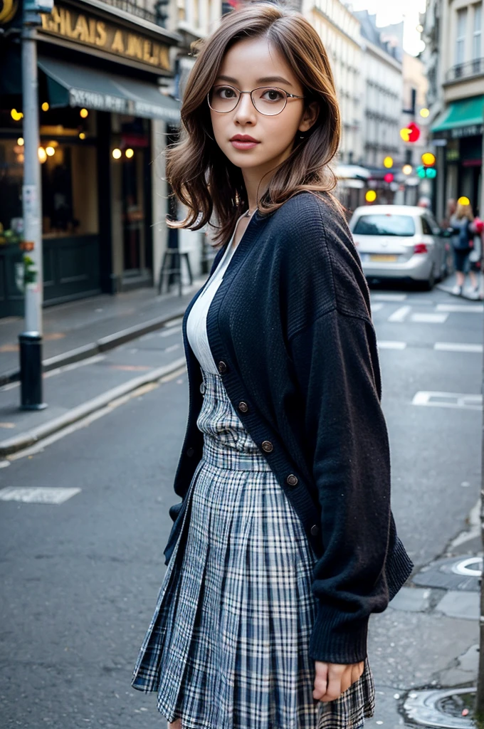 Photo of a beautiful woman standing on a street corner, (masterpiece:1.2, highest quality), (Realistic, photoRealistic:1.4), Beautiful illustrations, (Natural Side Lighting, Cinema Lighting), Written boundary depth, Beautiful thighs staring at the viewer, (((Face Focus, Upper Body))), 1 female, 30-year-old, alone, thin, slender, small breasts!!!, short hair, curly hair, Forehead, thin, slender, (((glasses))), wearing a collared summer dress, thin summer cardigan, Navy Plaid Pleated Skirt, Are standing, Paris on a clear day with park in the foreground, portrait