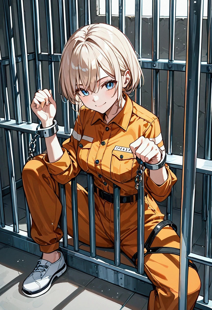 score_9, score_8_up, score_7_up, score_6_up, score_5_up, score_4_up, source_anime,source_furry,rating_safe,rating_questionable,masterpiece, best quality, perfect anatomy , very aesthetic , absurdres,solo, 1girl\(wearing prison jumpsuit\(blue and white border\), arms chained with handcuffs,sitting in jail, evil smile,dynamic angle,dynamic pose,