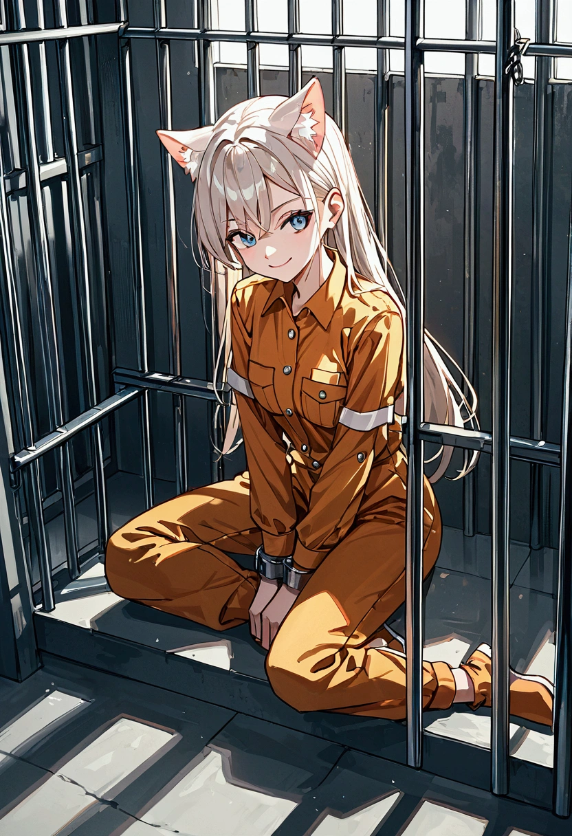 score_9, score_8_up, score_7_up, score_6_up, score_5_up, score_4_up, source_anime,source_furry,rating_safe,rating_questionable,masterpiece, best quality, perfect anatomy , very aesthetic , absurdres,solo, 1girl\(wearing prison jumpsuit\(blue and white border\), arms chained with handcuffs,sitting in jail, evil smile,dynamic angle,dynamic pose,