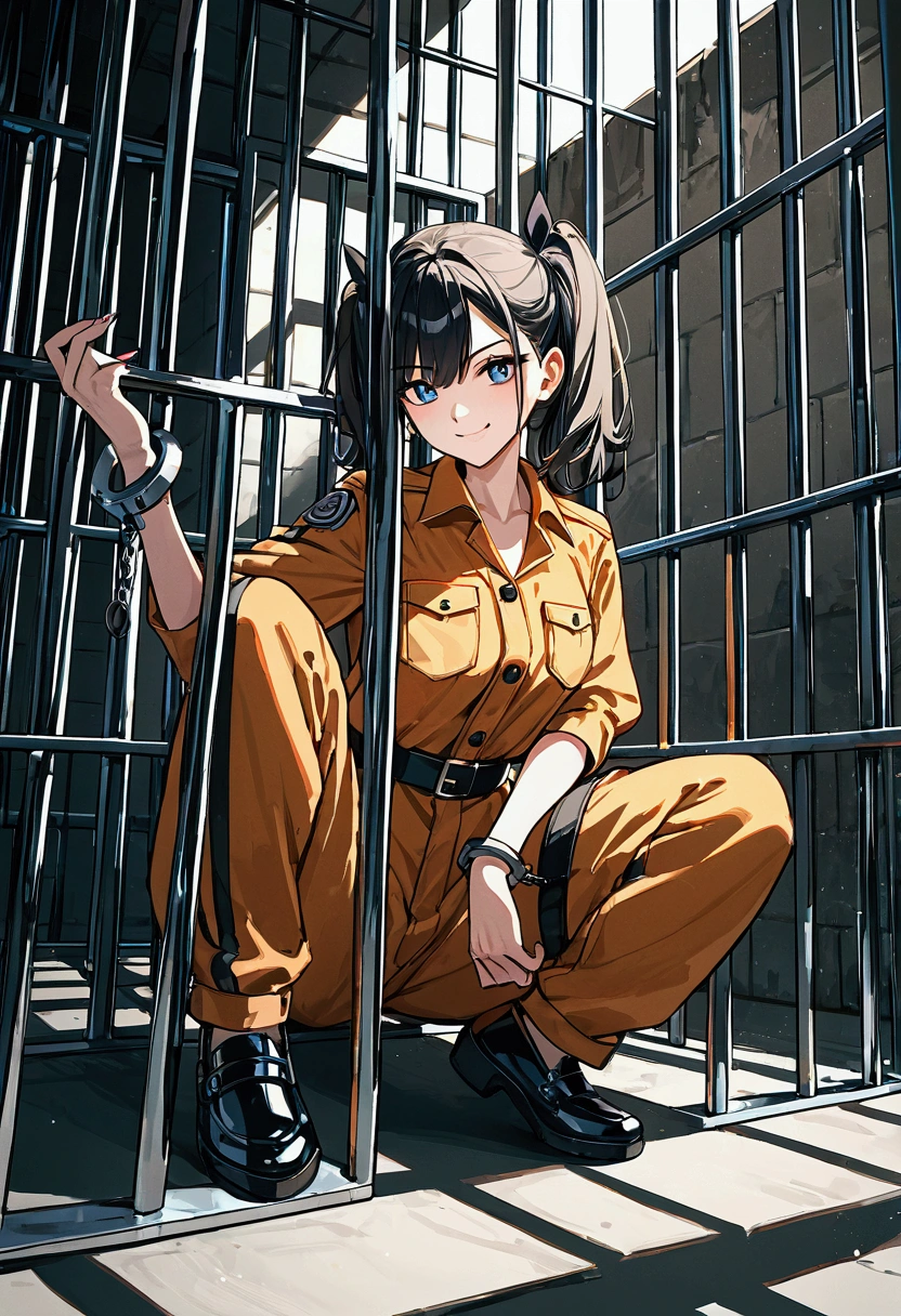 score_9, score_8_up, score_7_up, score_6_up, score_5_up, score_4_up, source_anime,source_furry,rating_safe,rating_questionable,masterpiece, best quality, perfect anatomy , very aesthetic , absurdres,solo, 1girl\(wearing prison jumpsuit\(blue and white border\), arms chained with handcuffs,sitting in jail, evil smile,dynamic angle,dynamic pose,