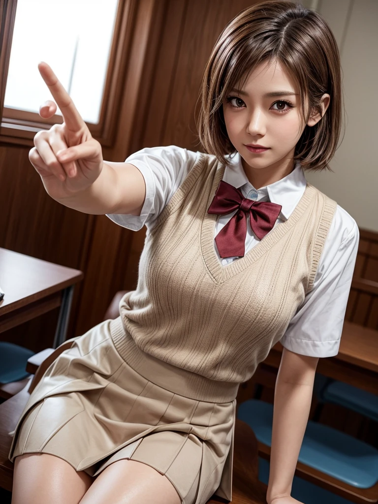 Masterpiece, Top Quality, Top Mikoto, brown eyes, short hair, small breasts, looking at viewer, alone, closed mouth, collared shirt, beige knit vest, dark blue  Skirt, school_uniform, shirt, white_shirt, classroom,Masterpiece, highest quality, 8K, detailed skin texture, fine cloth texture, beautiful detailed face, intricate details, super detailed,cute,cute posing,composition that shows the whole body, brown hair,Pointing a finger like a gun, aiming straight ahead, gun hand sign, detailed finger