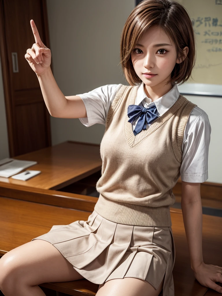 Masterpiece, Top Quality, Top Mikoto, brown eyes, short hair, small breasts, looking at viewer, alone, closed mouth, collared shirt, beige knit vest, dark blue  Skirt, school_uniform, shirt, white_shirt, classroom,Masterpiece, highest quality, 8K, detailed skin texture, fine cloth texture, beautiful detailed face, intricate details, super detailed,cute,cute posing,composition that shows the whole body, brown hair,Pointing a finger like a gun, aiming straight ahead, gun hand sign, detailed finger