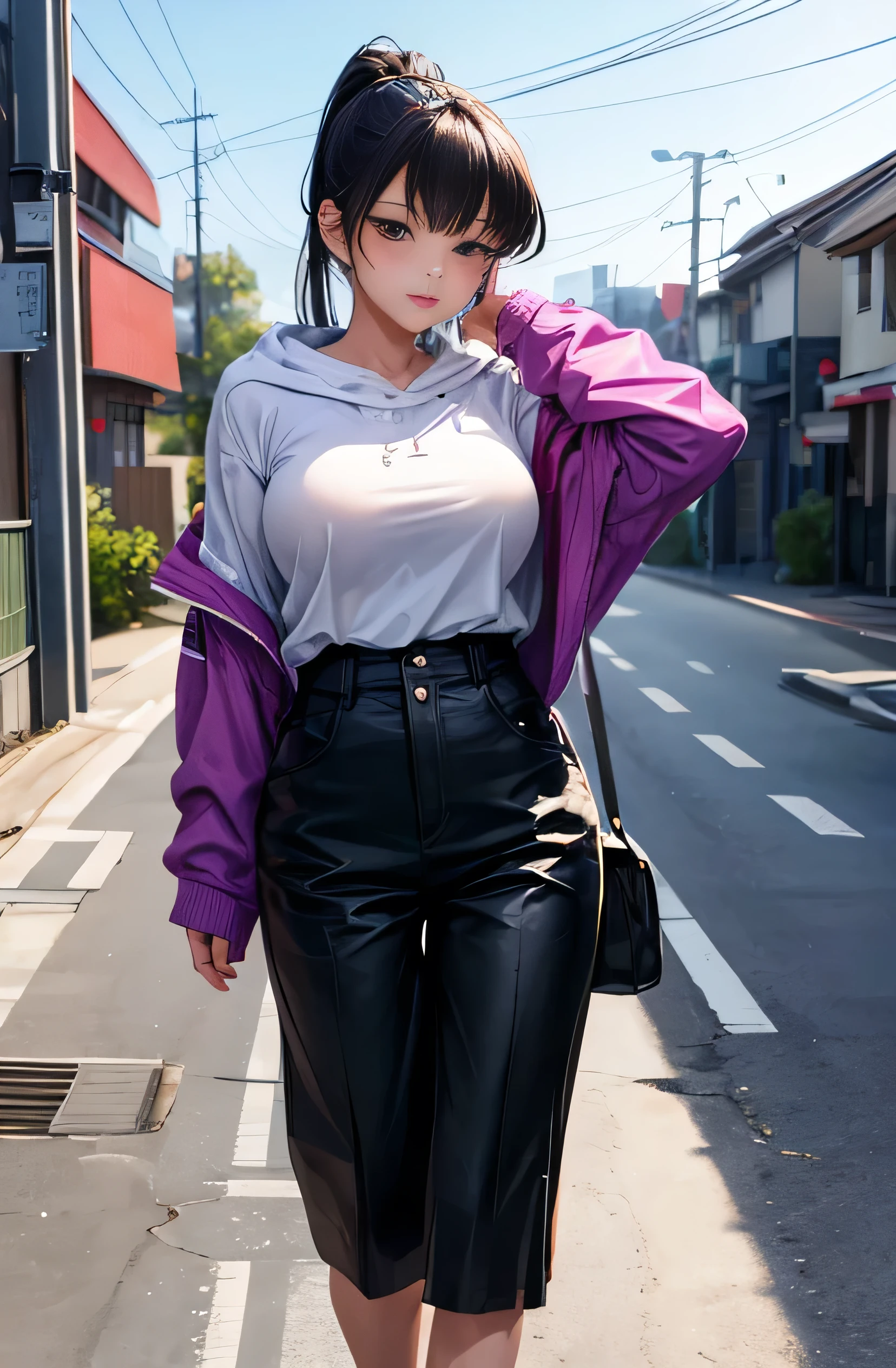 ((best quality)), ((masterpiece)), (detailed), perfect face,(1),(beautiful girl), (Komi Shouko), ponytail,(blackes Braun hair), cute smile (looking at vivers) on a streat road,( full body view),(detailed lips), perfect head ,(detailed face), wers a white hoodi black Stiles short pant that reaches nee, heads in hoodi pocket,(huge breasts),(perfect girl), Japanese girl