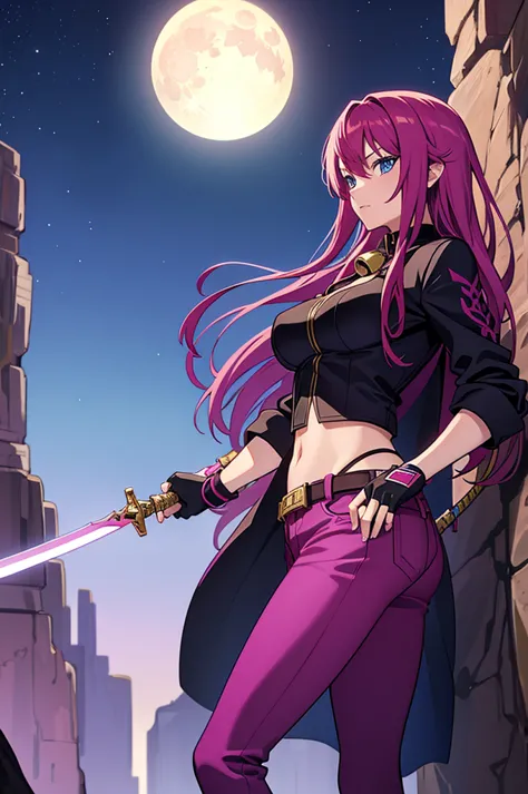 long magenta hair, bikini, purple flared pants, fingerless gloves, bell-bottoms, blue eyes, sword, 1girl, night, canyon, moon