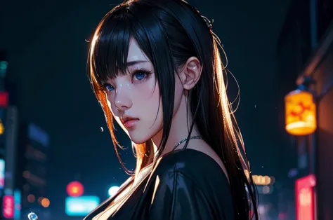 1 girl, black  dress, best illustrations, blue led light, high tech, ultra-high resolution, 32k, (detailed:1.4), cyberpunk city ...