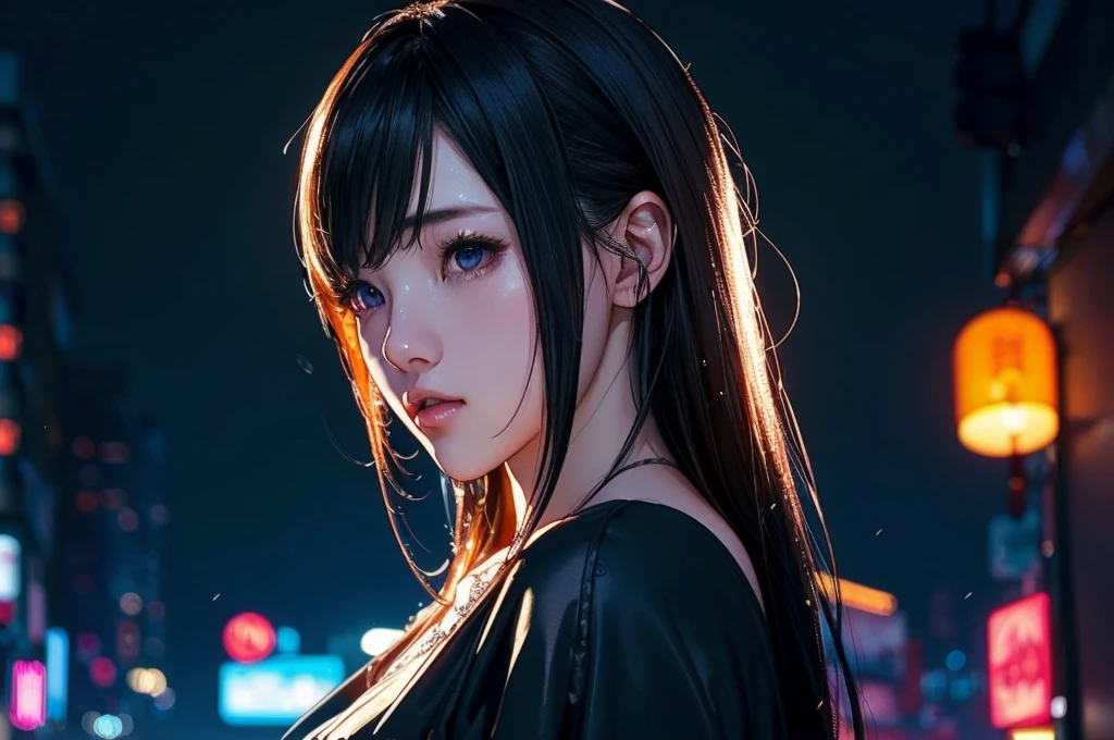 1 girl, black  dress, Best Illustrations, Blue LED light, high tech, Ultra-high resolution, 32K, (detailed:1.4), Cyberpunk City Background, Rainy Street, Beautiful Face, Professional Lighting, masterpiece, Very delicate and beautiful, Professional photos, ((Upper body shot)),