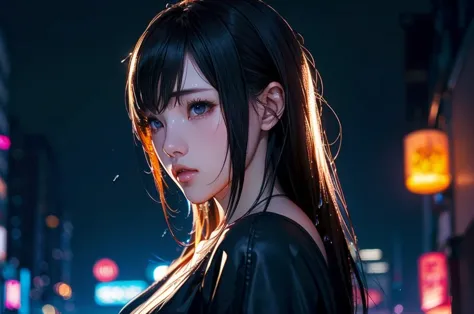 1 girl, black  dress, best illustrations, blue led light, high tech, ultra-high resolution, 32k, (detailed:1.4), cyberpunk city ...