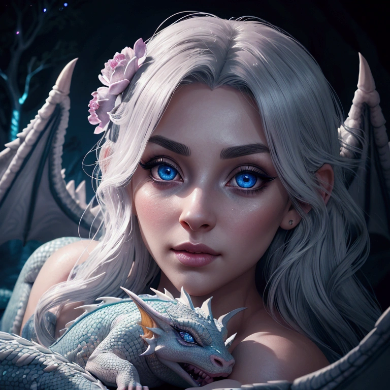 a crisp mythical legendary girl, beautiful detailed eyes, beautiful detailed lips, extremely detailed eyes and face, long eyelashes, laying beside a cute white sleeping dragon, at the deep night, at dark mystical night, 8k, artistic photography, deep, perfect anatomy, dramatic lighting, highly detailed, photorealistic, vibrant colors, cinematic composition, dramatic atmosphere