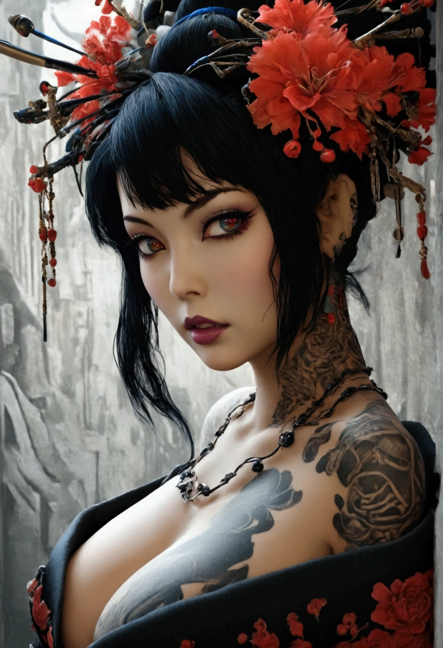 Stunningly gorgeous beautiful perfect hr giger inspired inspired tattooed sexy seductive Geisha lulu , perfect face, hyper detailed vibrant eyes, large breasts, full body view, nude, no color black and gray only,