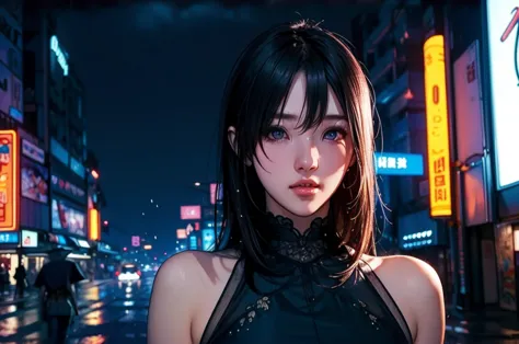 1 girl, black  dress, best illustrations, blue led light, high tech, ultra-high resolution, 32k, (detailed:1.4), cyberpunk city ...