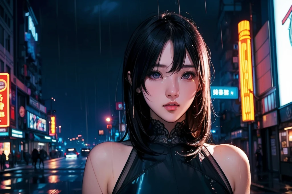 1 girl, black  dress, Best Illustrations, Blue LED light, high tech, Ultra-high resolution, 32K, (detailed:1.4), Cyberpunk City Background, Rainy Street, Beautiful Face, Professional Lighting, masterpiece, Very delicate and beautiful, Professional photos, (((cowboy shot))),