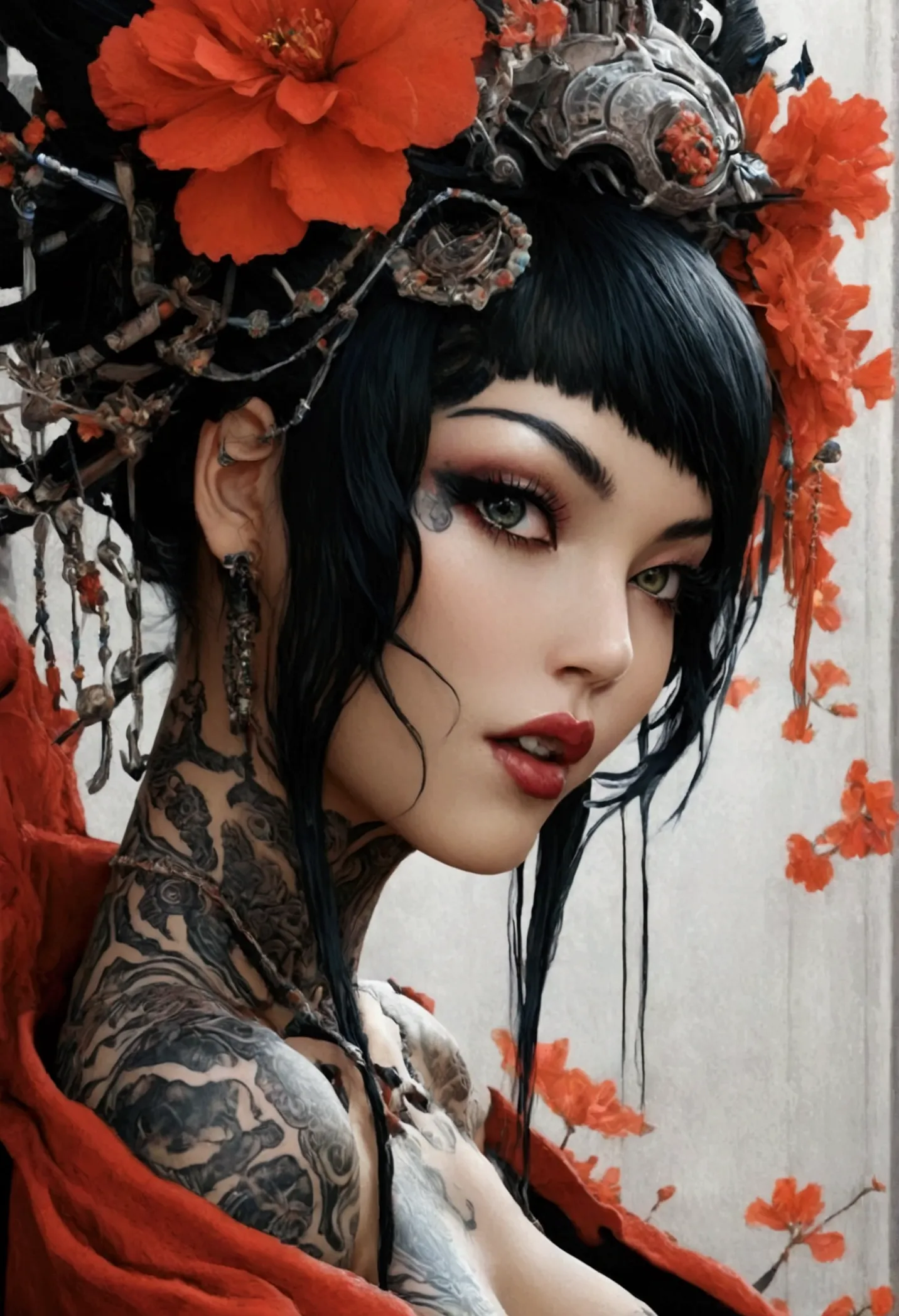 stunningly gorgeous beautiful perfect hr giger inspired inspired tattooed sexy seductive lulu geisha , perfect face, hyper detai...