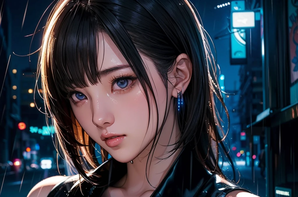 1 girl, black  dress, Best Illustrations, Blue LED light, high tech, Ultra-high resolution, 32K, (detailed:1.4), Cyberpunk City Background, Rainy Street, Beautiful Face, Professional Lighting, masterpiece, Very delicate and beautiful, Professional photos, (((cowboy shot))),