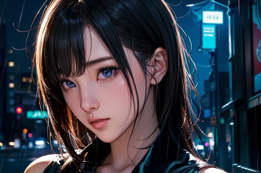 1 girl, black  dress, Best Illustrations, Blue LED light, high tech, Ultra-high resolution, 32K, (detailed:1.4), Cyberpunk City Background, Rainy Street, Beautiful Face, Professional Lighting, masterpiece, Very delicate and beautiful, Professional photos, (((cowboy shot))),