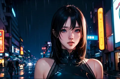 1 girl, black  dress, best illustrations, blue led light, high tech, ultra-high resolution, 32k, (detailed:1.4), cyberpunk city ...