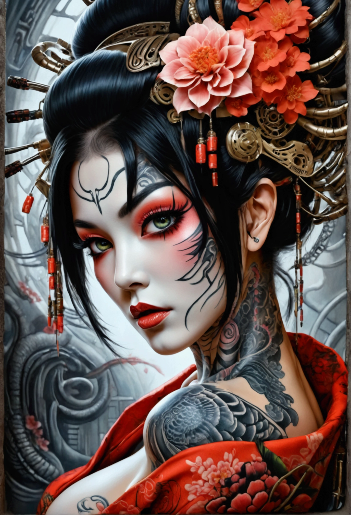 Stunningly gorgeous beautiful perfect hr giger inspired inspired tattooed sexy seductive lulu Geisha , perfect face, hyper detailed vibrant eyes, large breasts, full body view, nude, no color black and gray only,