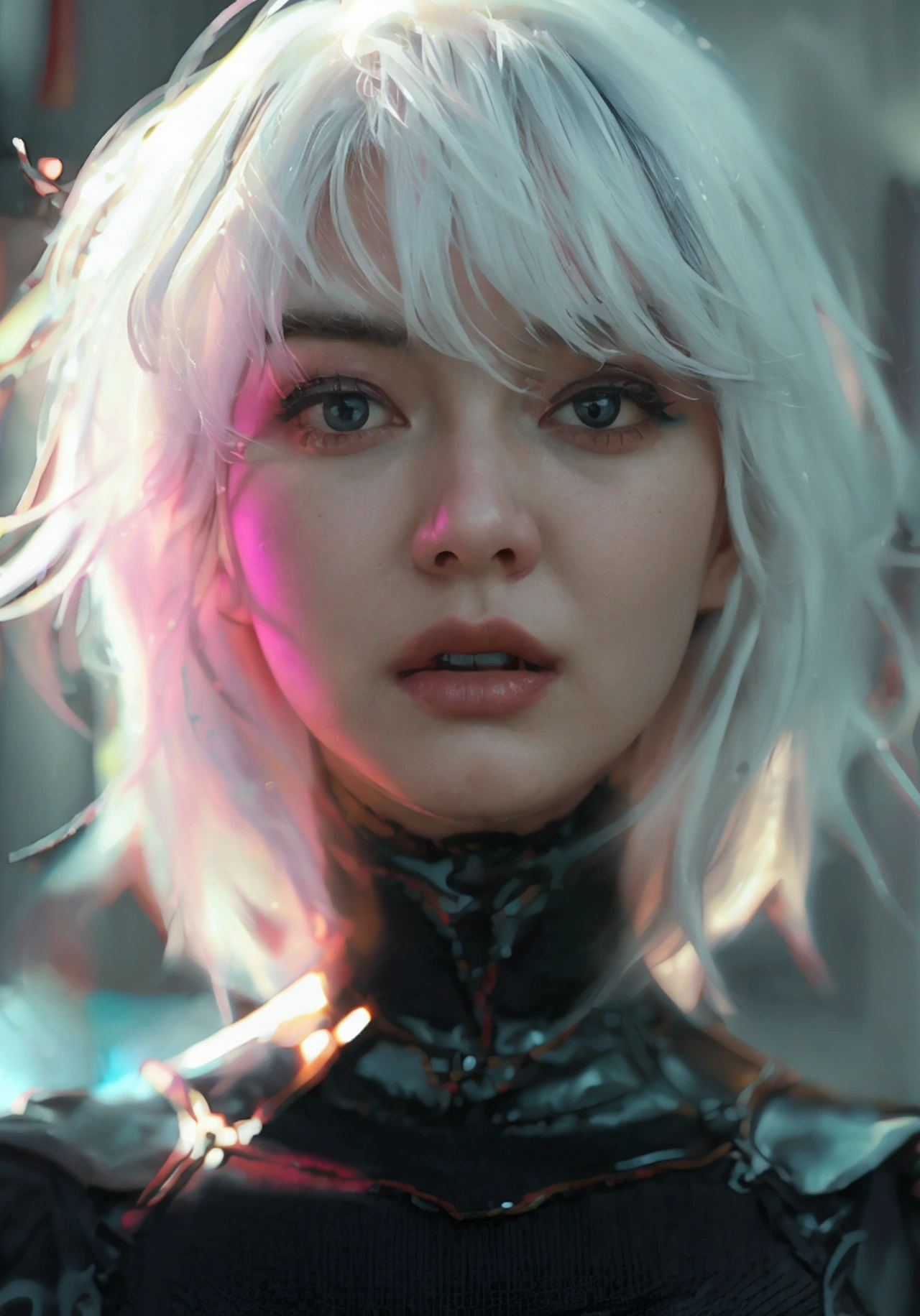 A woman with pastel white hair, black eyes, wearing black ninja clothes, perfect anatomy, realistic, best composition, cinematic lighting, highly detailed, photorealistic, 8k, masterpiece, elegant, graceful, powerful, dynamic pose, moody atmosphere, dramatic shadows, vibrant colors, chiaroscuro, cinematic composition, mesmerizing gaze, striking portrait