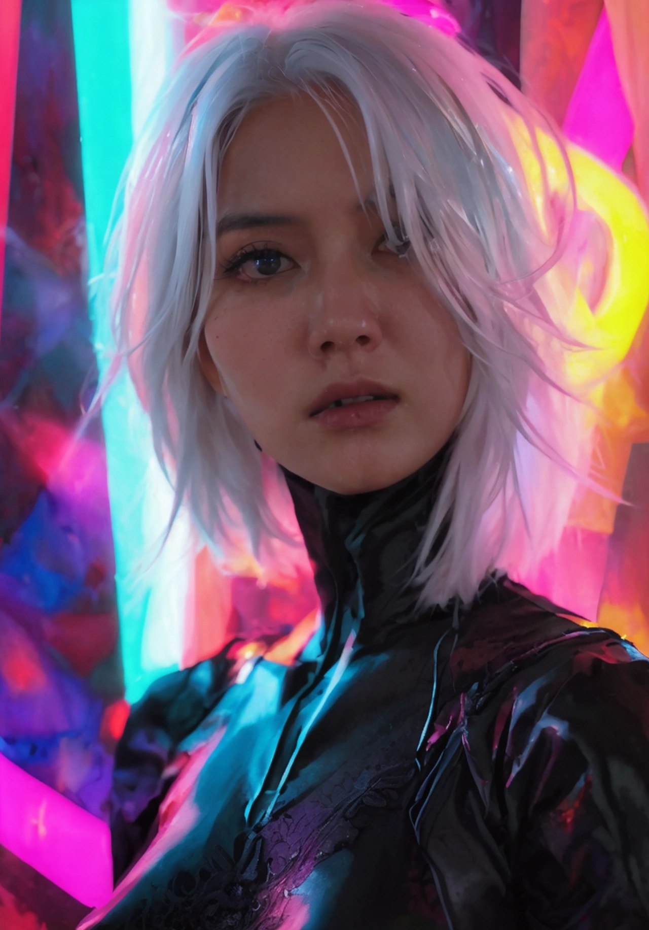 A woman with pastel white hair, black eyes, wearing black ninja clothes, perfect anatomy, realistic, best composition, cinematic lighting, highly detailed, photorealistic, 8k, masterpiece, elegant, graceful, powerful, dynamic pose, moody atmosphere, dramatic shadows, vibrant colors, chiaroscuro, cinematic composition, mesmerizing gaze, striking portrait