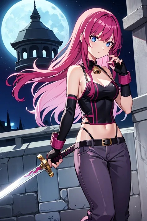 long magenta hair, bikini, dark grey flared pants, fingerless gloves, bell-bottoms, blue eyes, sword, 1girl, night, town, moon