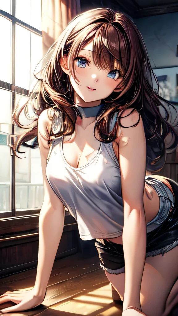 Very delicate,Exquisite Face,
beautiful girl,
break,
8k,
Highest quality,
masterpiece,
Super Adoption,
Very detailed,
Ultra-fine illustrations,
break,
Active Pause, Dynamic Angle,
indoor,
Shiny,
bright,
Rim Light,
break,
One person,
Perfect fingers,
Perfect female body,
Big Hair,
Fluffy hair,
Air Van,
Long bangs between the eyes,
Round face,
blue eyes,
smile, Open your mouth,
Moderate, Balanced breasts,
 slut,
Full body portrait,Sexy pose:1.5,

break,
White body-hugging tank top,White ultra-mini low-rise shorts,