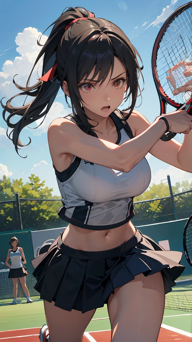 ((best quality)), ((masterpiece)), (detailed), Create a highly detailed image of a tennis player inspired by Tifa Lockhart from the RPG series Final Fantasy. The character should have long, flowing black hair, expressive eyes, and a strong yet feminine physique. She is wearing a modern tennis outfit, with a sleeveless white top, a short skirt, and tennis shoes, all reminiscent of Tifa's iconic style. The scene is set on a sunlit outdoor tennis court, with dynamic action as she prepares to hit the ball, showcasing her agility and strength. The background includes a vibrant blue sky and a few clouds, adding a sense of energy to the scene, Tennis racket, tennis ball