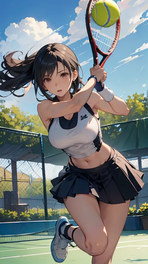 ((best quality)), ((masterpiece)), (detailed), create a highly detailed image of a tennis player inspired by tifa lockhart from ...