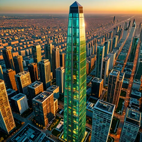 very gigantic glass apartment skyscraper, obelisk shape, solarpunk style, aerial view, ultra detailed,hd,8k,soft lighting