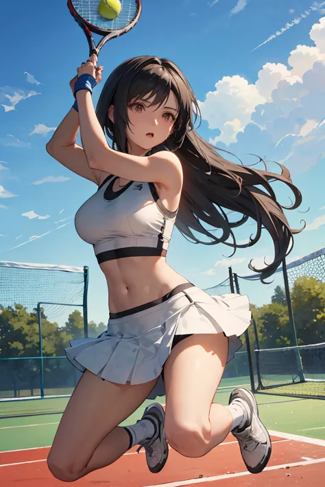 ((best quality)), ((masterpiece)), (detailed), create a highly detailed image of a tennis player inspired by tifa lockhart from ...