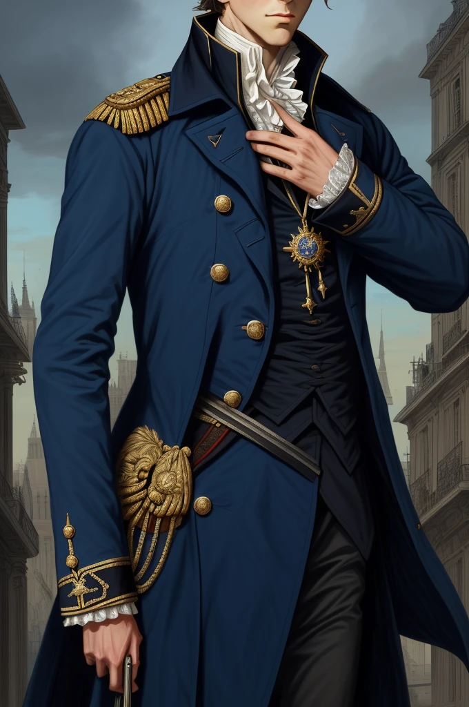 Highest quality, masterpiece, High resolution,，（Pierre-Antoine, Count Dupont of the Pond），French，French Revolutionary Soldier，Medals，marshal，（French cityscape_background），Middle-aged men，Anime Style, 4K, alone，whole body， looking at the camera, ，Brave，dark blue_coat， Hyper Detail, (Intricate details),