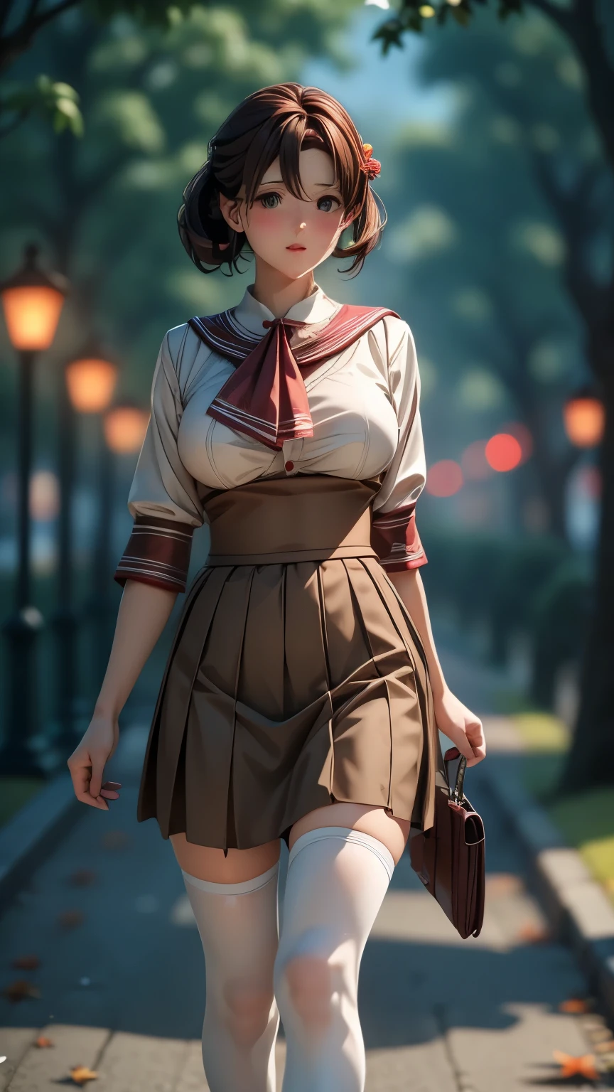 Masterpiece、Ultra-high quality photo、8k、5、Beautiful mature woman、Uniform Cosplay、Red cheeks、Light Brown Hair、Flared mini skirt、Over the knee stockings、loafers、Sidewalk、autumn、Walking、Plump body、Picking Up Girls、Embarrassed face、The wind flips up my skirt、White panties