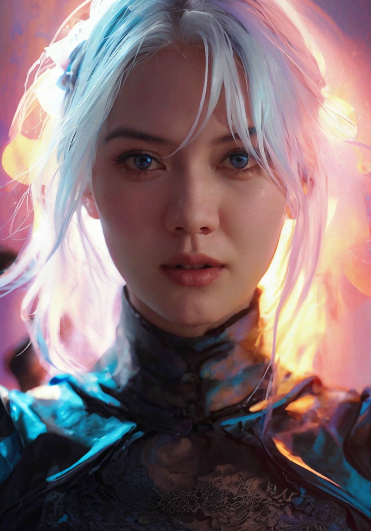 A woman with pastel white hair, black eyes, wearing BLUE ninja clothes, perfect anatomy, realistic, best composition, cinematic lighting, highly detailed, photorealistic, 8k, masterpiece, elegant, graceful, powerful, dynamic pose, moody atmosphere, dramatic shadows, MUTED colors, chiaroscuro, cinematic composition, mesmerizing gaze, striking portrait, SIMPLE BACKGROUND, BOKEH