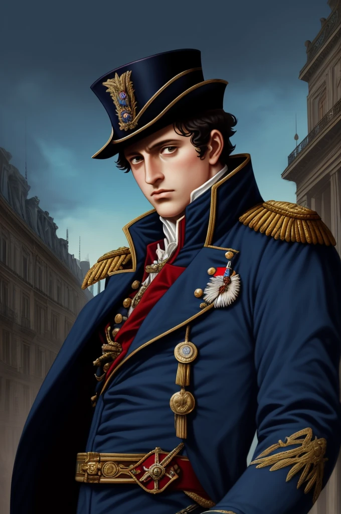 Highest quality, masterpiece, High resolution,，（Napoleon Bonaparte），French，French Revolutionary Soldier，Medals，marshal，（French cityscape_background），Middle-aged men，Anime Style, 4K, alone，whole body， looking at the camera, ，Brave，dark blue_coat， Hyper Detail, (Intricate details),