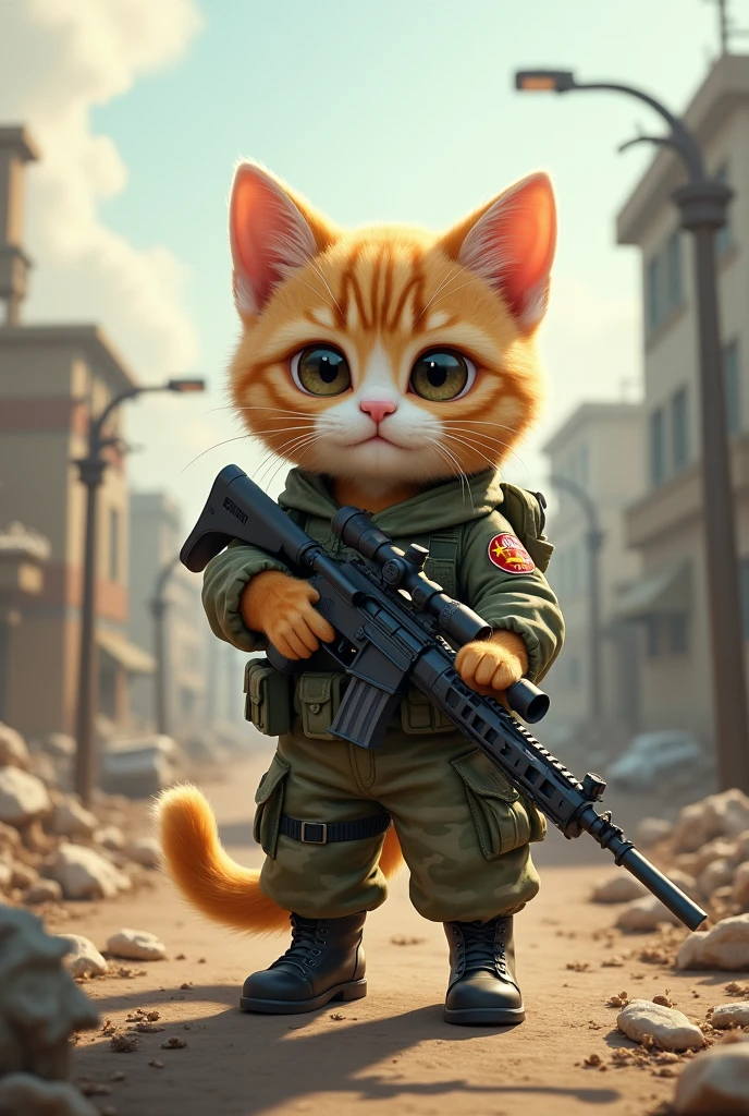 Cute cat in military uniform holding a sniper rifle, war background.