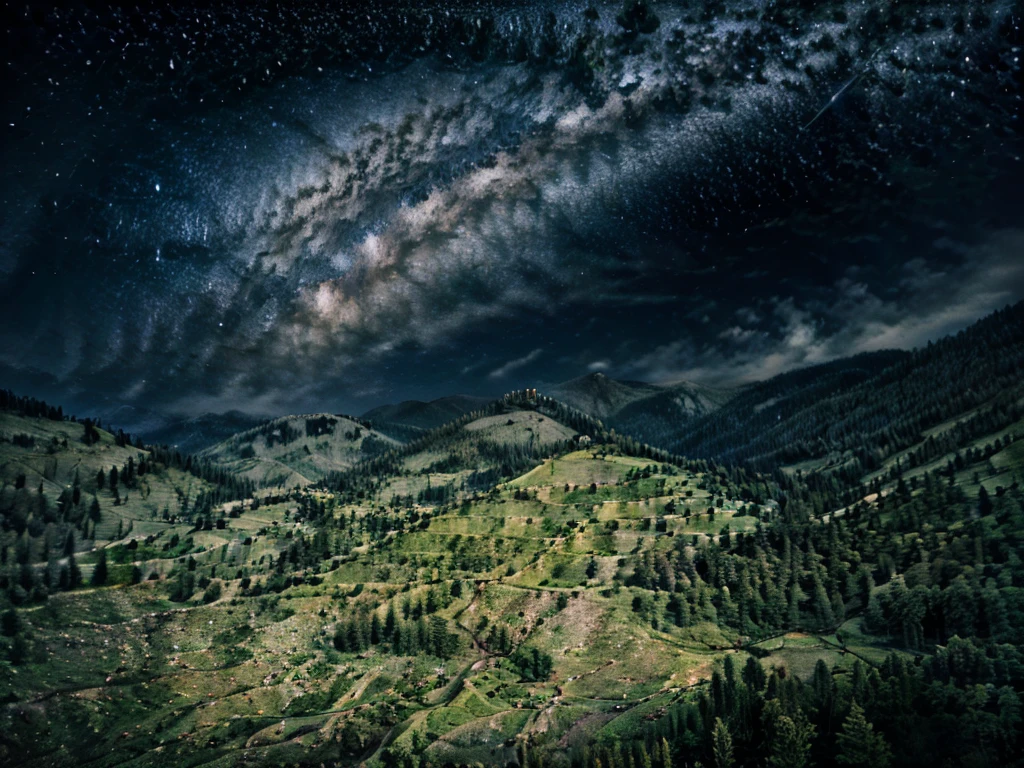 
Exuberant night view of hill to horizon, Mountain chain, valley and river, epic starry sky, Milky Way
