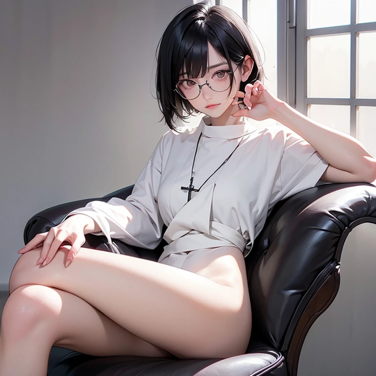 naked、nude、older sister、cool、Sad face、Crying face、slender、Black Hair,、Bob Hair、I-shape balance、Leg spread、sitting cross-legged、Spread your legs、Glasses