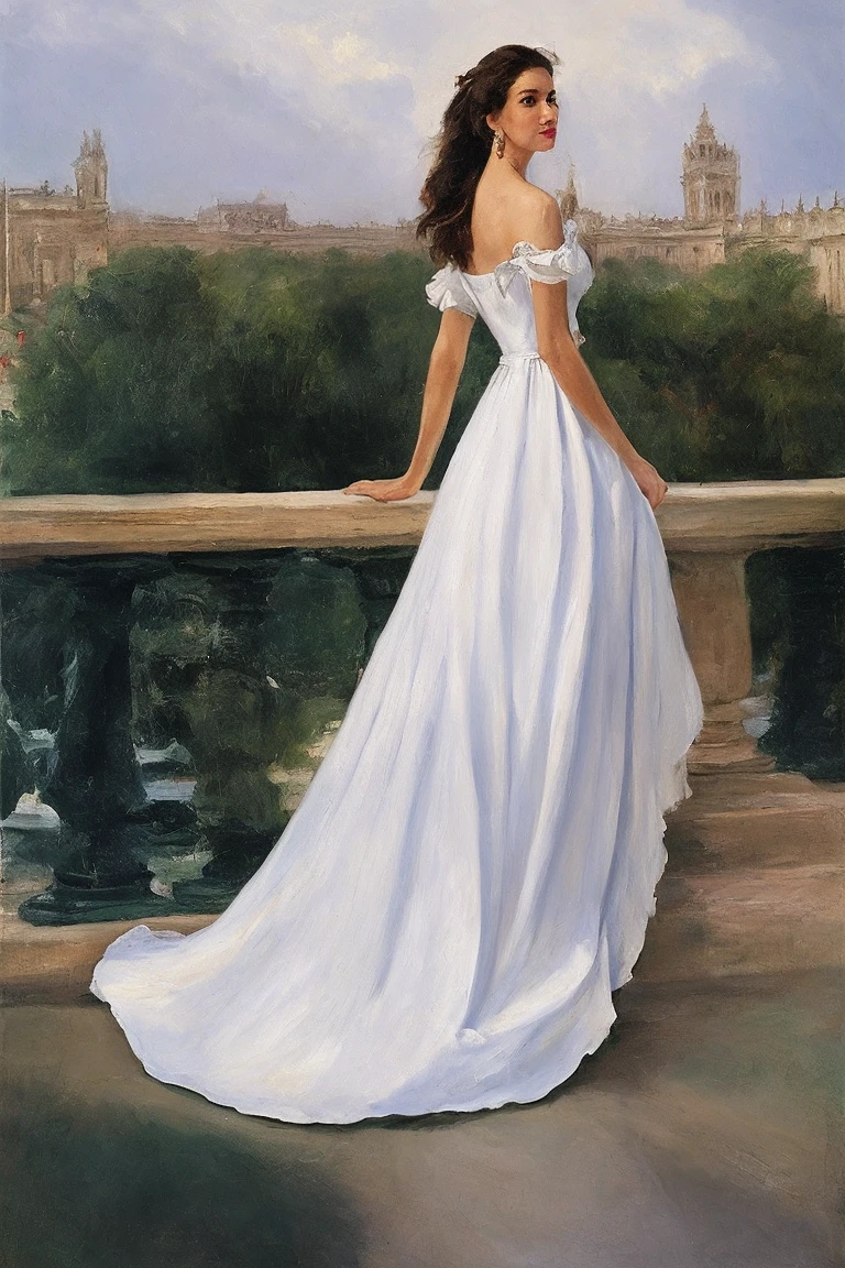 painting of a woman in a white dress walking in front of Plaza de Espana en Sevilla, in style of steve henderson, steve henderson, elegant oil painting, realistic spanish woman painting, volegov, vladimir volegov, artwork, dmitry spiros, by Josep Rovira Soler, elegant digital painting, seville, painting of beautiful,expressionism, pablo picasso, flatterig dress in different colors