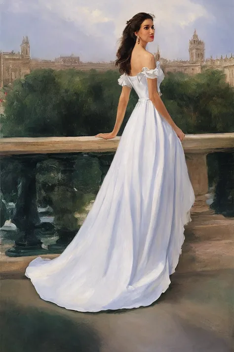 painting of a woman in a white dress walking in front of plaza de espana en sevilla, in style of steve henderson, steve henderso...