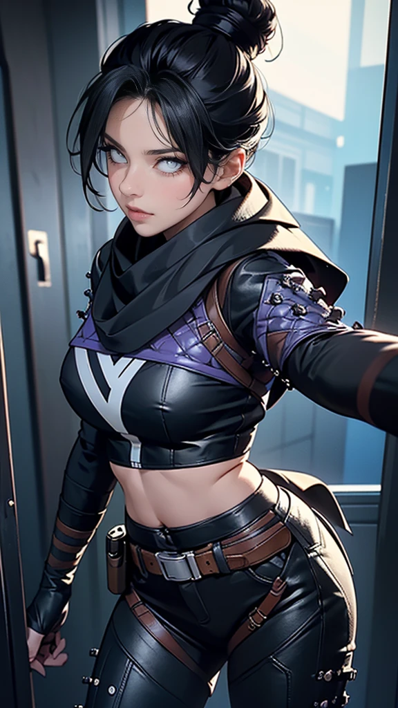 Foto de corpo inteiro, pose sensual, (Highly detailed CG Unity 8k wallpaper),(masterpiece), (highest quality), (super detailed), (Best Illustration),(best shadow), Wraith apex legends, pretty face focus, Masterpiece artwork, best qualityer, kissshotms, 1 girl, natta, Efeito de Luz, Masterpiece artwork, best qualityer, 1 girl, mature woman, breasts big, 8k, UHF, (abdomen, )muscular woman, Waist slender, detailedeyes, FGO1, 1stClothing, 1 girl, solo, hair bun simples, hair bun, scarf, sultry posing, Bblack hair, black scarf, blue colored eyes, bangss, bangss distributed, Hair behind the ear, mitts, piercing no nariz, mitts pretas