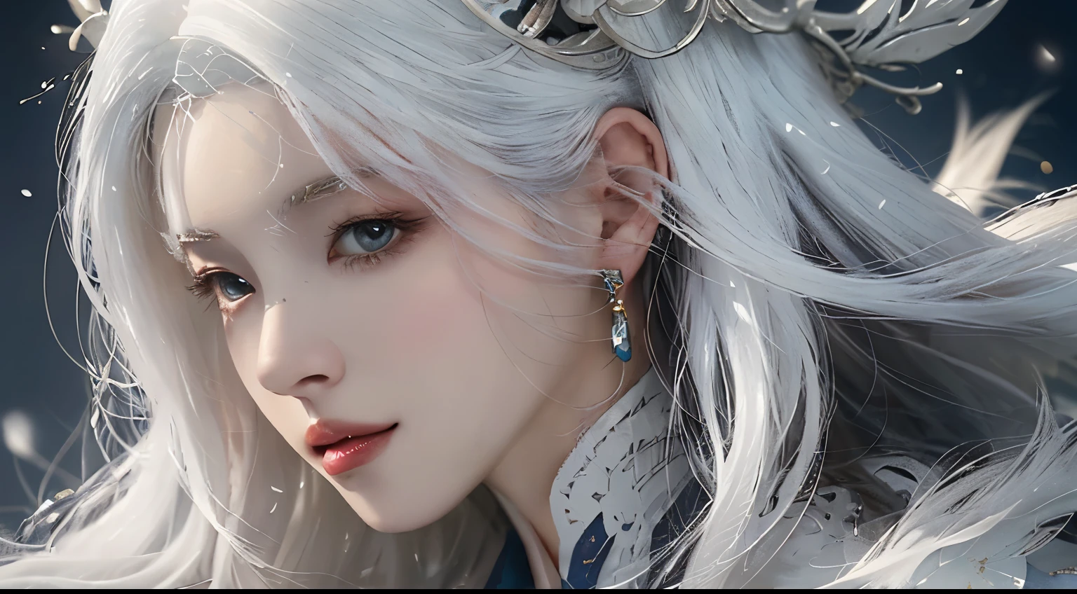 Close up of woman with white hair and white mask，beautiful character painting，original god，Works in the style of Guviz，white-haired god，Lynette，Magnificent and beautiful character art，cool character art，Lynette