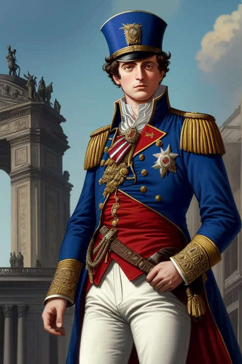 highest quality, masterpiece, high resolution,，（napoleon bonaparte），french revolutionary soldier，medals，marshal，（french cityscap...