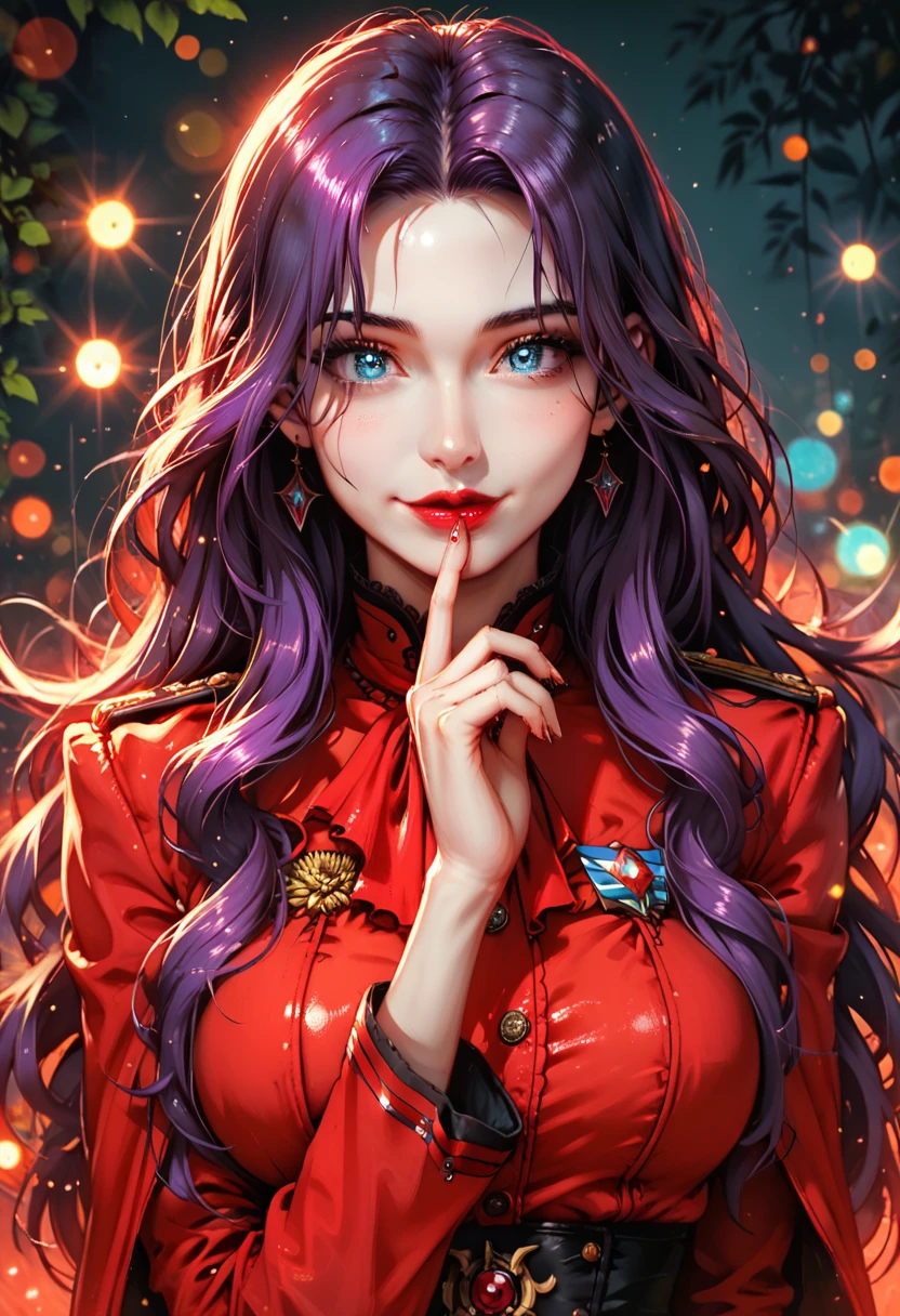 red uniform, pink military uniform, purple hair ,blue eyes, lipstick, long hair, 1 girl, 20yo,Young female, Beautiful Finger, Beautiful long legs, Beautiful body, Beautiful Nose, Beautiful character design, perfect eyes, perfect face, expressive eyes, looking at viewer, in the center of the image,(light_smile:0.5), official art, extremely detailed CG unity 8k wallpaper, perfect lighting, Colorful, Bright Front face lighting, shiny skin, (masterpiece:1.0),(best_quality:1.0), ultra high res,4K,ultra-detailed, photography, 8K, HDR, high res, absurdres:1.2, Kodak portray 400, film grain, blurry background, bokeh:1.2, lens flare, (vibrant_color:1.2) (Beautiful,large_Breasts:1.0), (beautiful_face:1.5),(narrow waist) BLOOD ELVES