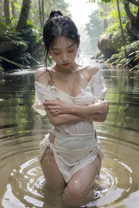 naked asian female body (((wet loose t-shirt))) ,(((wet))), rain, wide neck, black line,((in the center of the image, full body,...