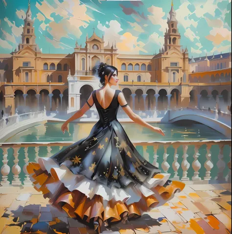 painting of a woman in a black flattering dress dress is walking in front of the river in plaza de espana, seville, alla prima o...