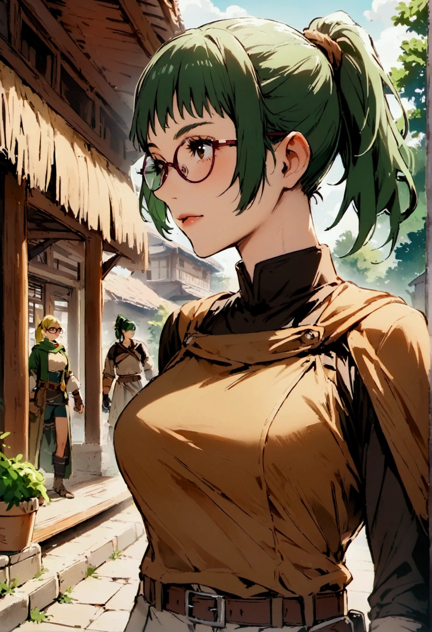 woman, ponytail, glasses, beautiful, tall, medium breast, green hair, adventurer clothes, scaly skin, blond highlight on hair