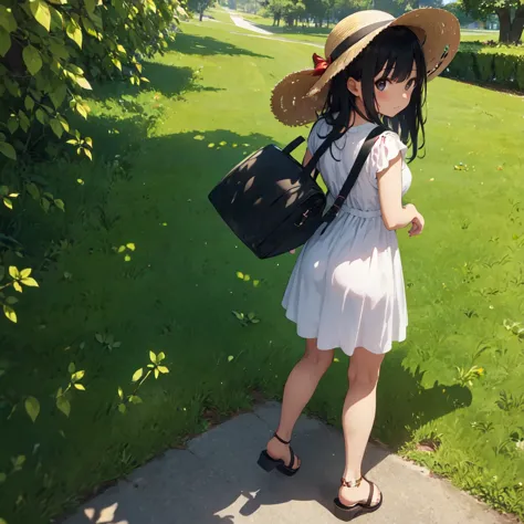 shot from behind, one girl, black hair, straw hat,white dress、white sandals