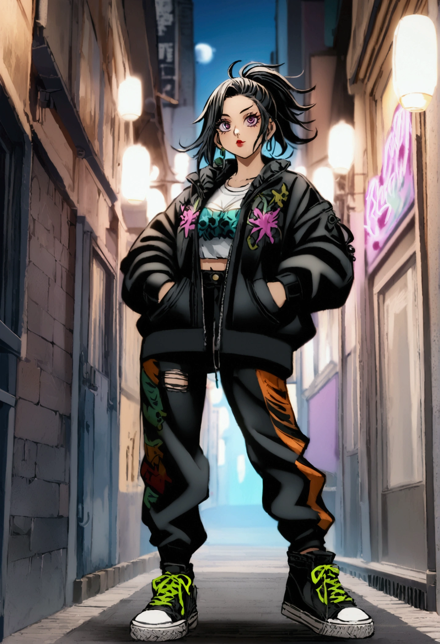   girl from a modern shonen anime, Unique bizarre  design, cool streetwear graffiti skatee rapper vibes modern outfit, deep sea Brawl style,   girl, jujutsu kaisen style 