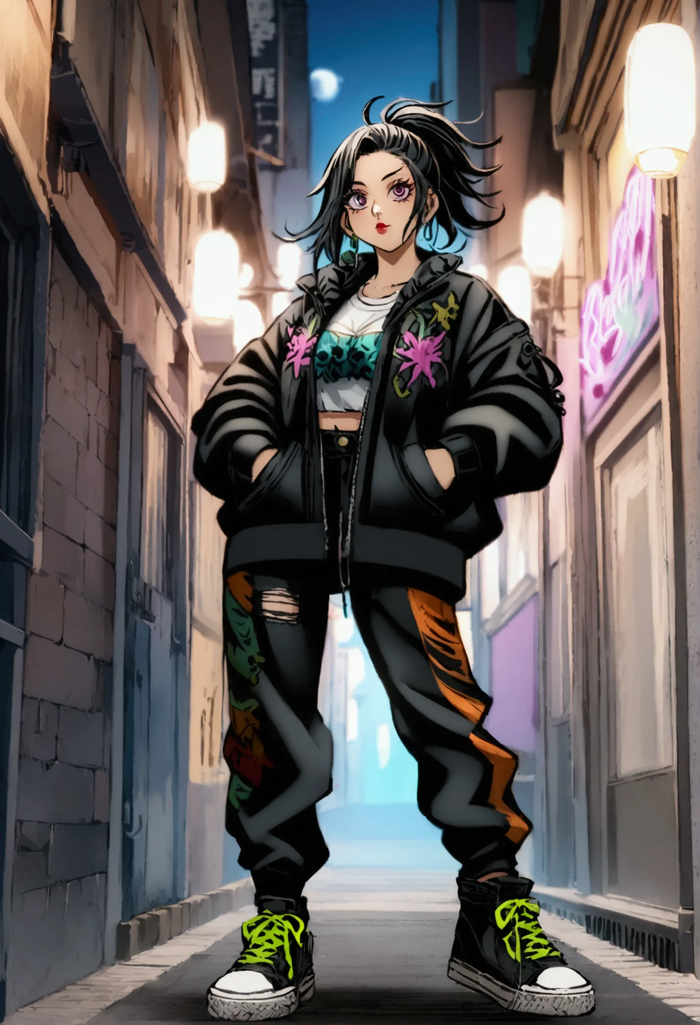 girl from a modern shonen anime, unique bizarre  design, cool streetwear graffiti skatee rapper vibes modern outfit, deep sea br...