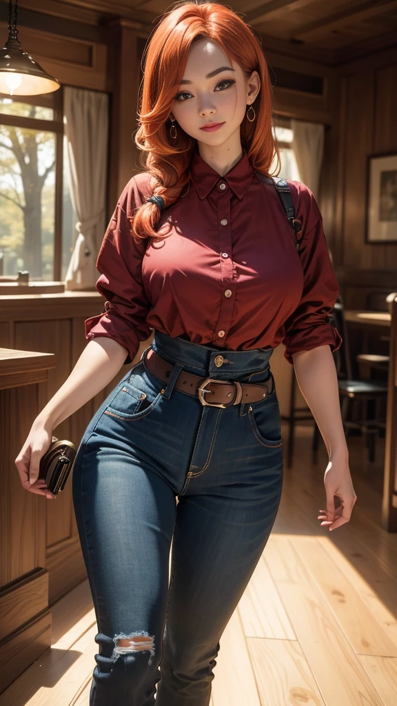 (best quality,4k,8k,highres,masterpiece:1.2),ultra-detailed, 1woman, Japanese woman, gyaru, five foot five inches tall, ginger colored hair, mole by her left eye, blue button up blouse, maroon jeans, large swollen breasts, wide hips, dancing around mid-western suburban american house, seductive pose, smiling lustfully, looking at viewer lovingly, ((intricate detail)),(((realism))), HDR, 8k, absurdres, cinestill 800, sharp focus, add_detail:2, (solo, woman)
