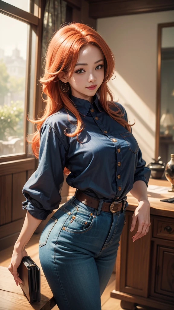 (best quality,4k,8k,highres,masterpiece:1.2),ultra-detailed, 1woman, Japanese woman, gyaru, five foot five inches tall, ginger colored hair, mole by her left eye, blue button up blouse, maroon jeans, wide hips, dancing around mid-western suburban american house, seductive pose, smiling lustfully, looking at viewer lovingly, ((intricate detail)),(((realism))), HDR, 8k, absurdres, cinestill 800, sharp focus, add_detail:2, (solo, woman)
